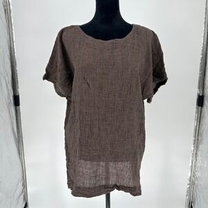 Pure Jill Brown 100% Linen Textured Oversized Tunic Short Sleeve Top Petite M